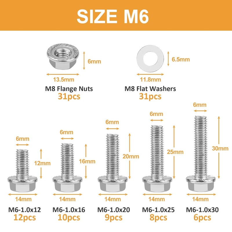 VIGRUE M6-1.0 x 12/16/20/25/30mm Flanged Hex Head Bolts, VIGURE 135PCS M6 Flange Hexagon Screws Serrated Flange Nuts Washers, Stainless Steel 18-8 (304), DIN 6921 - Image 5
